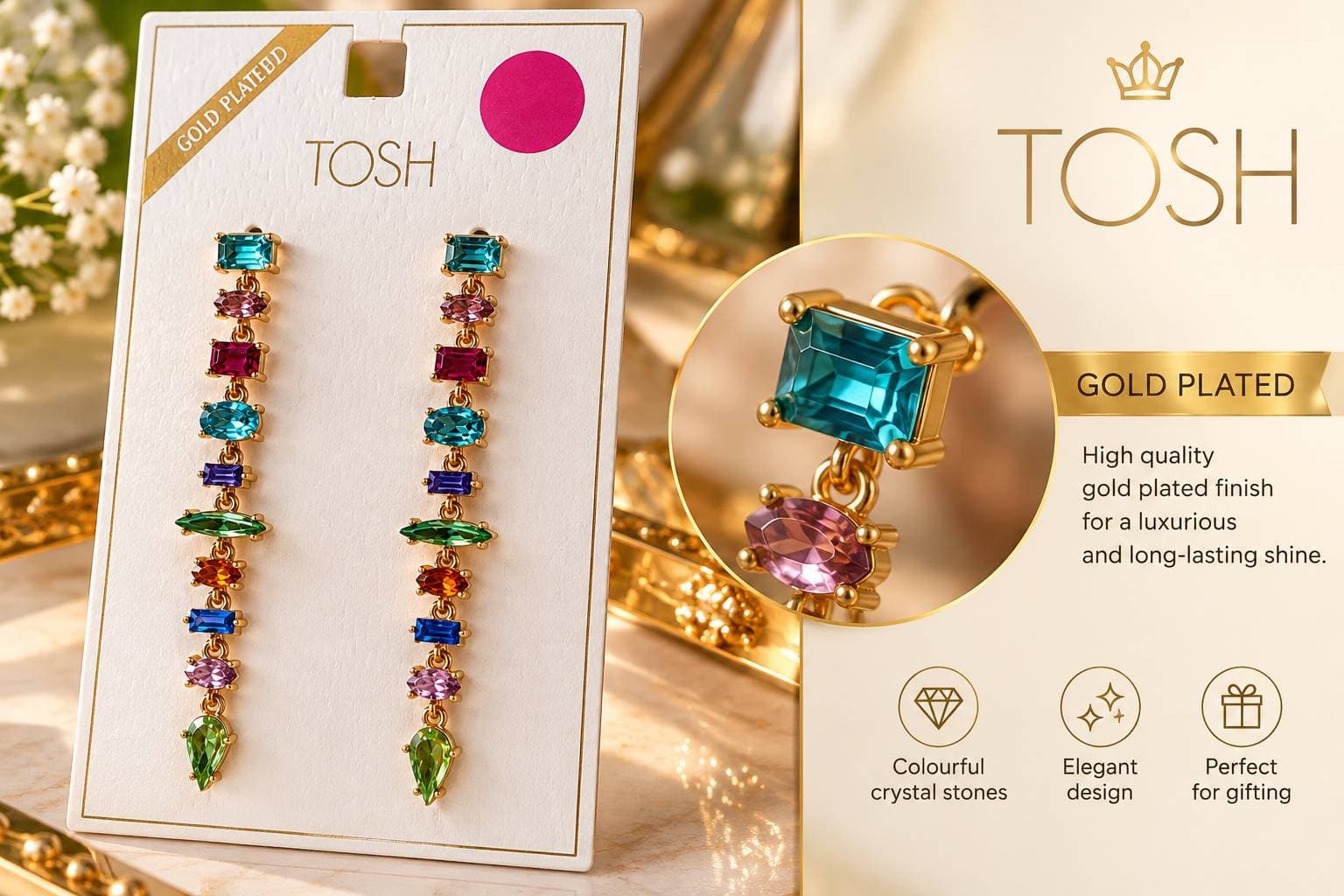 گوشواره زنانه آویز آبشاری رنگین‌کمان برند TOSH با روکش طلا — تصویر ۳