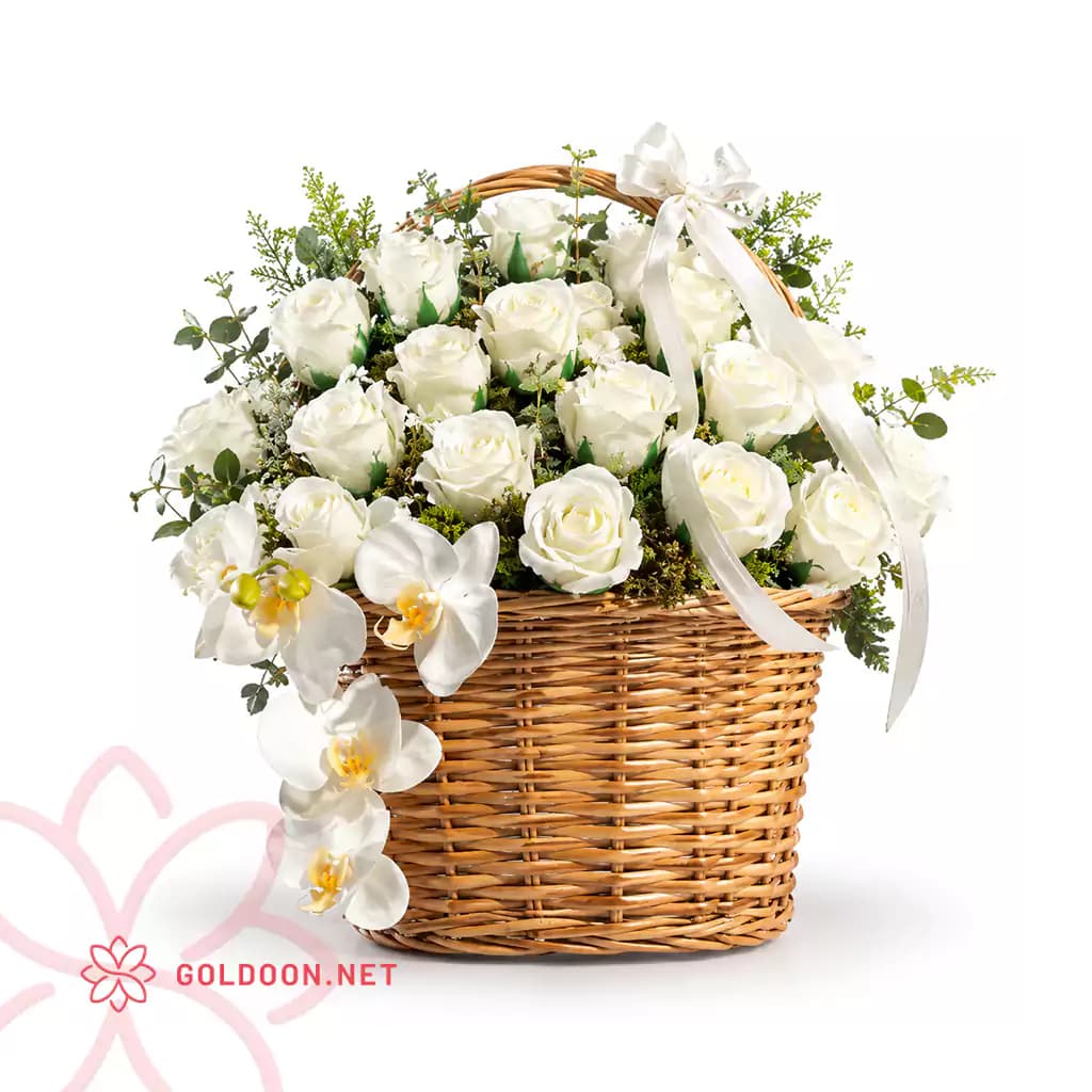 سبد گل رز سفید و ارکیده کد 003
