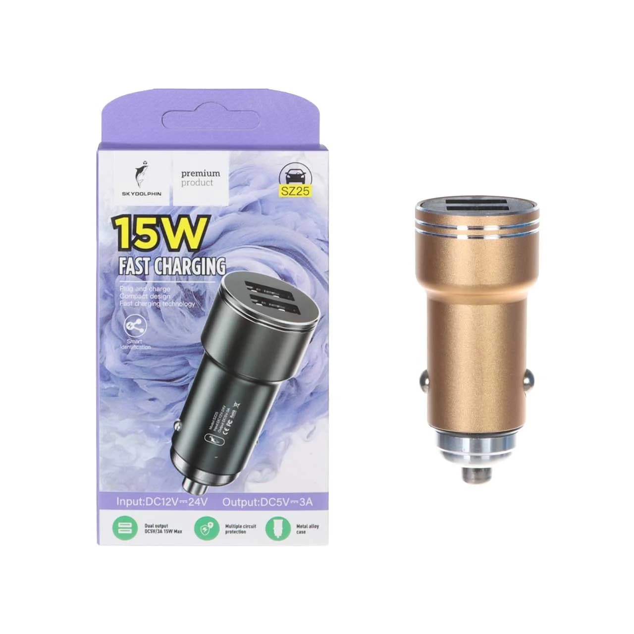 شارژر فندکی فست دو پورت SKY DOLPHIN مدل SZ25 15W – طلایی – RYL — تصویر ۵