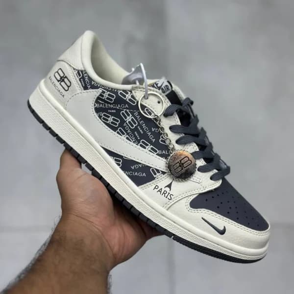 نایک ایر جردن وان لو بالنسیاگا پاریس کرم طوسی تیره Nike Air Jordan 1 Low Balenciaga Paris Cream Grey