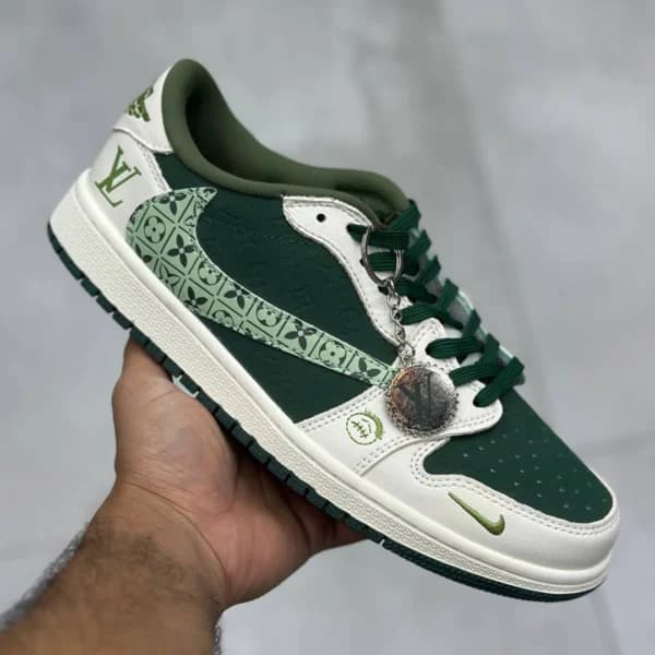 نایک ایر جردن وان لو لویی ویتون سبز تیره سبز روشن و کرم Jordan 1 Low Louis Vuitton Green Cream