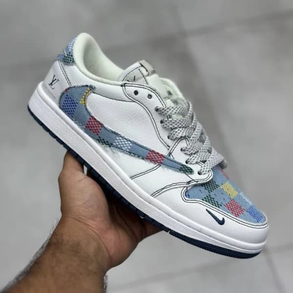 نایک ایر جردن وان لو لویی ویتون سفید جین چهارخونه رنگی Jordan 1 Low Louis Vuitton White Denim Check