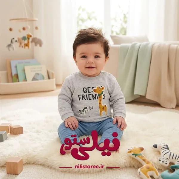 بلوز آستین بلند پسرانه طرح فرندز نیلی