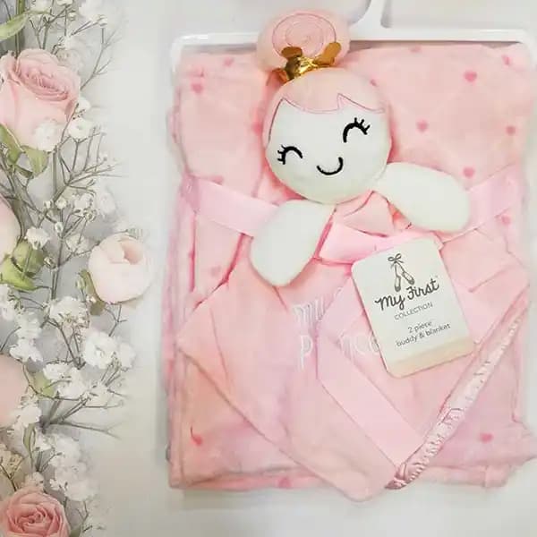 ست پتو و دستمال عروسک دار طرح دختر صورتی baby blanket set برند My Little Love