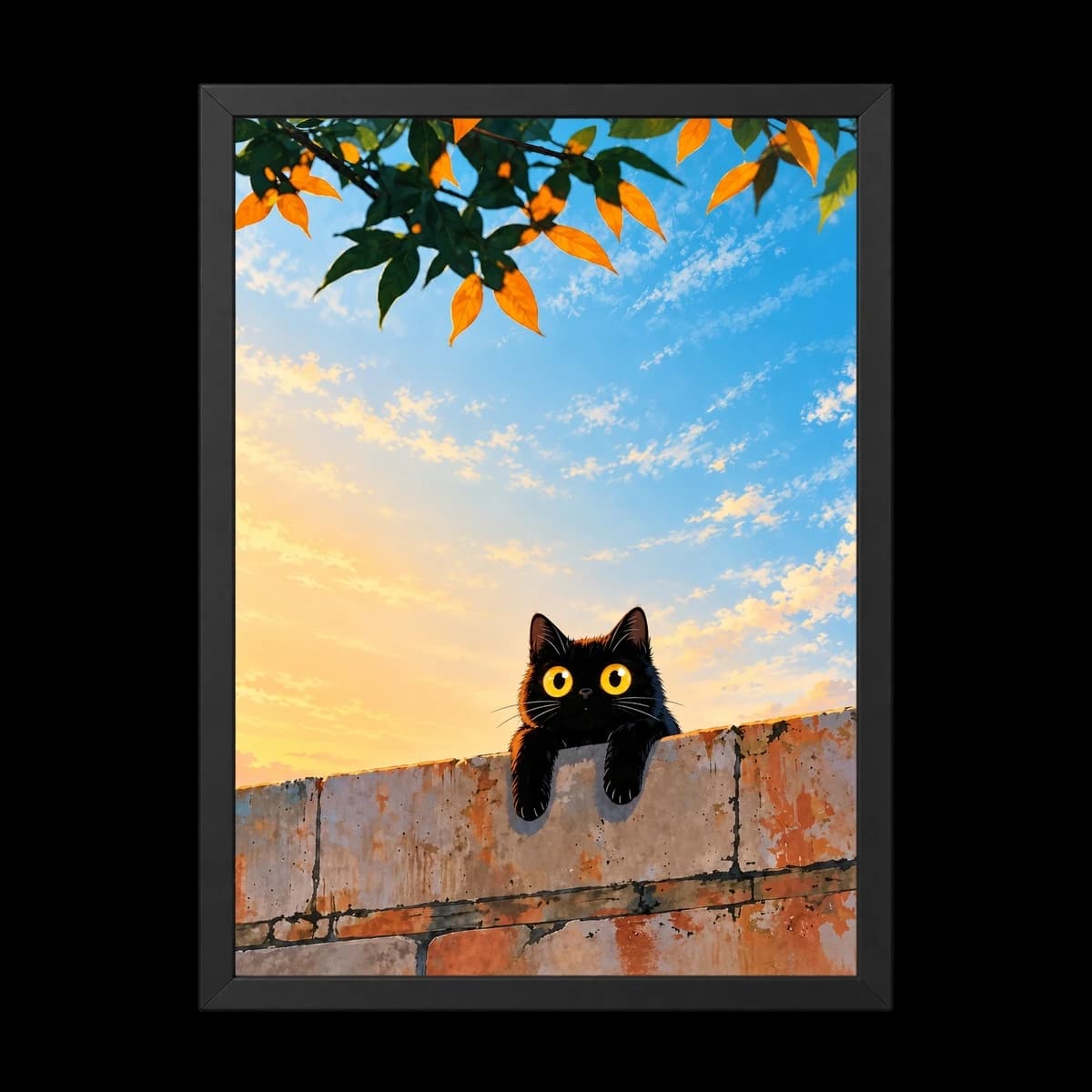 تابلو گربه سیاه کنجکاو روی دیوار
