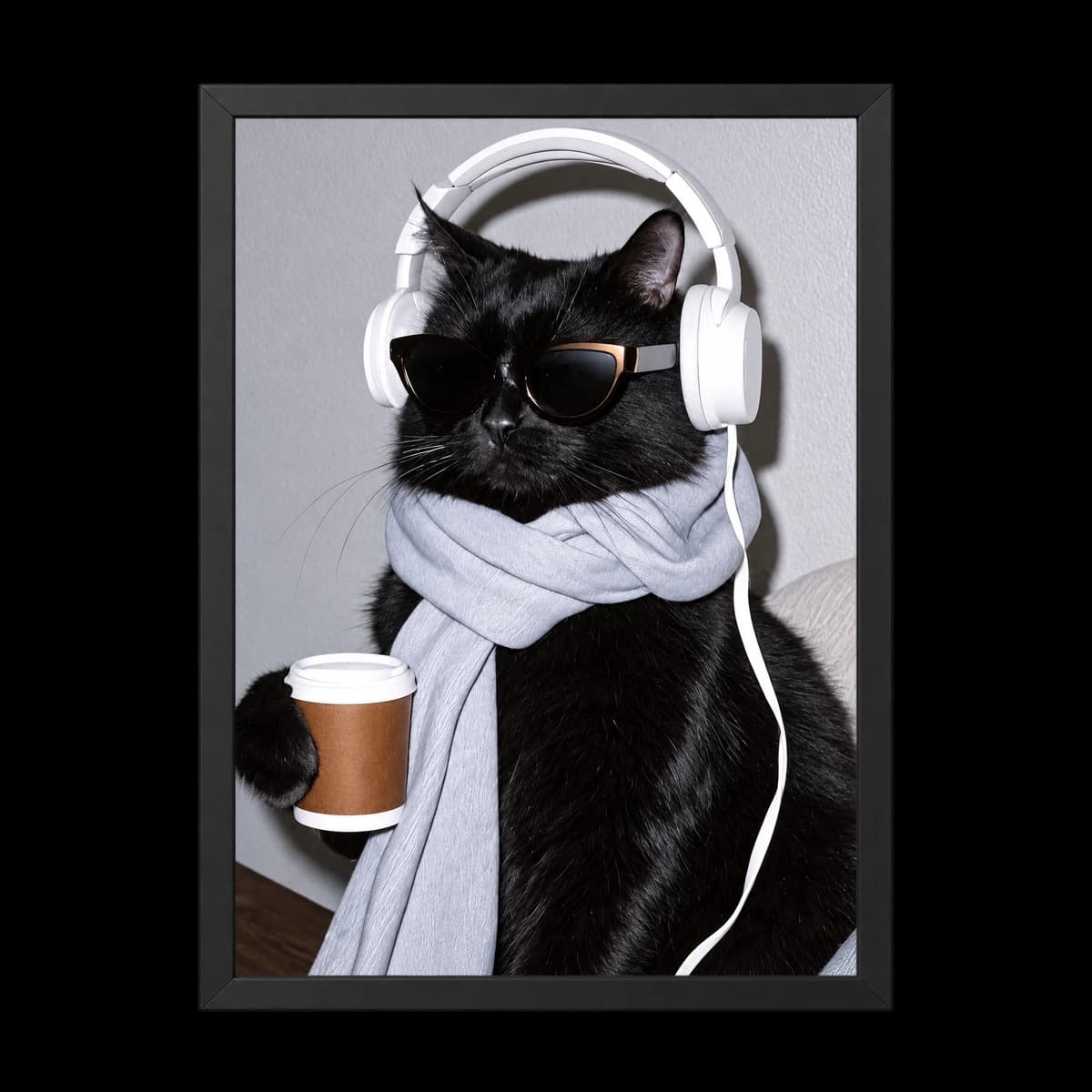 تابلو گربه با هدفون و کافی طرح Cool Cat