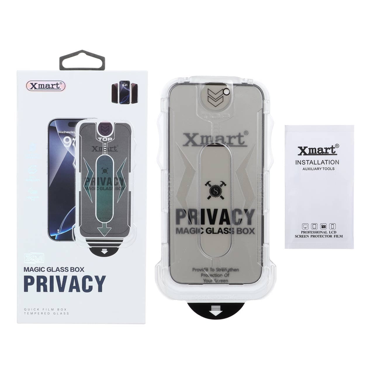 گلس و محافظ صفحه نمایش شیشه ای اورجینال XMART Privacy – Magic Glass Box مدل Apple iPhone 16 / iPhone 15 / iPhone 14 Pro (پک دار)