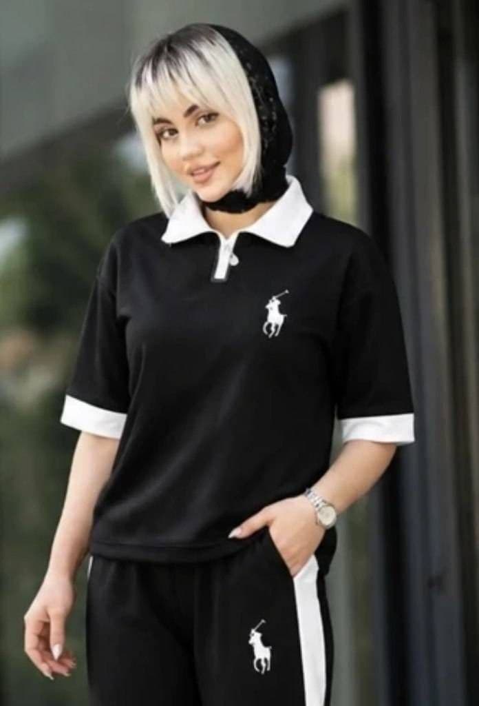 ست تیشرت پولو و شلوار زنانه پنبه گلکسی راحتی و روزمره مشکی فری سایز (کد: ۲۱۹۰۷) — تصویر ۲