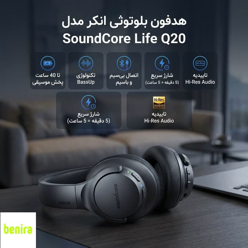 هدفون بلوتوثی انکر مدل SoundCore Life Q20، بلوتوث 5.0، حذف نویز فعال، صدای Hi-Res Audio، درایورهای 40 میلیمتری و قابلیت تقویت باس — تصویر ۲