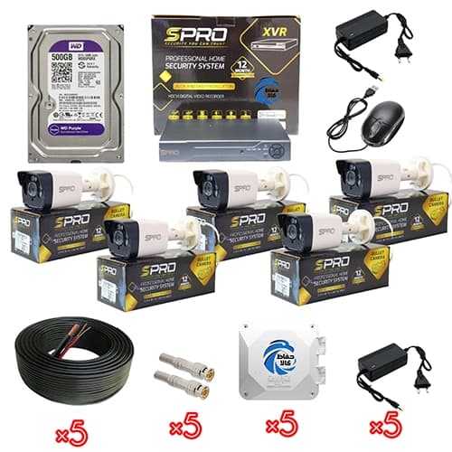 پک دوربین مداربسته 5 عددی اسپرو TDH (دید در شب رنگی + هارد 500GB بنفش)