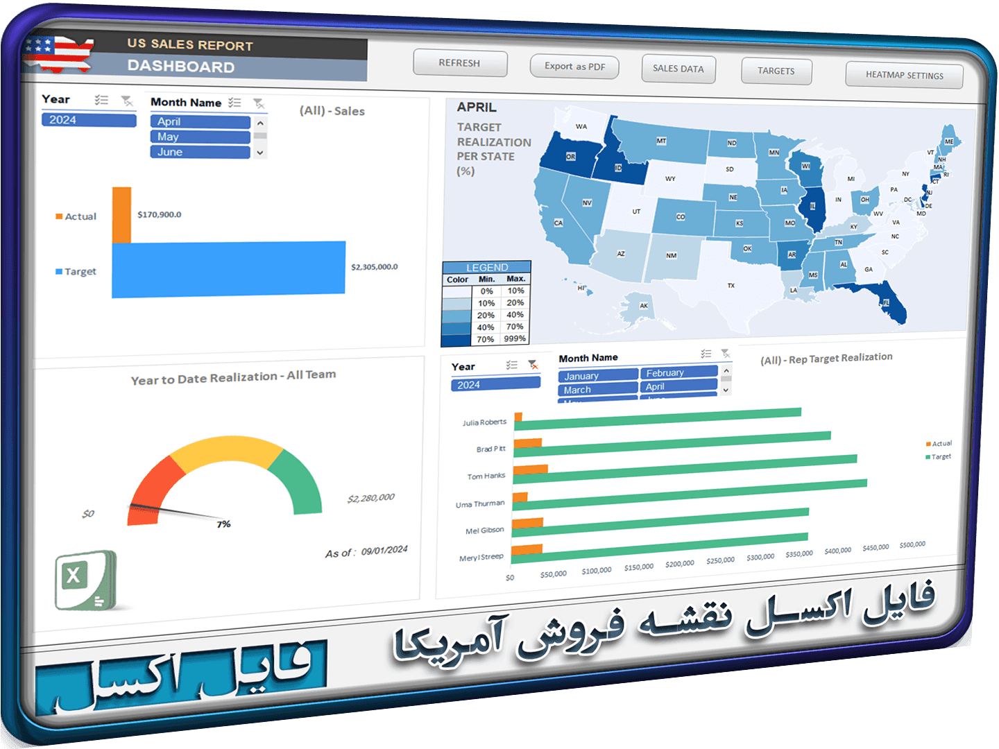 فایل اکسل نقشه حرارتی فروش آمریکا (ایالات متحده) + بدون قفل و متن باز