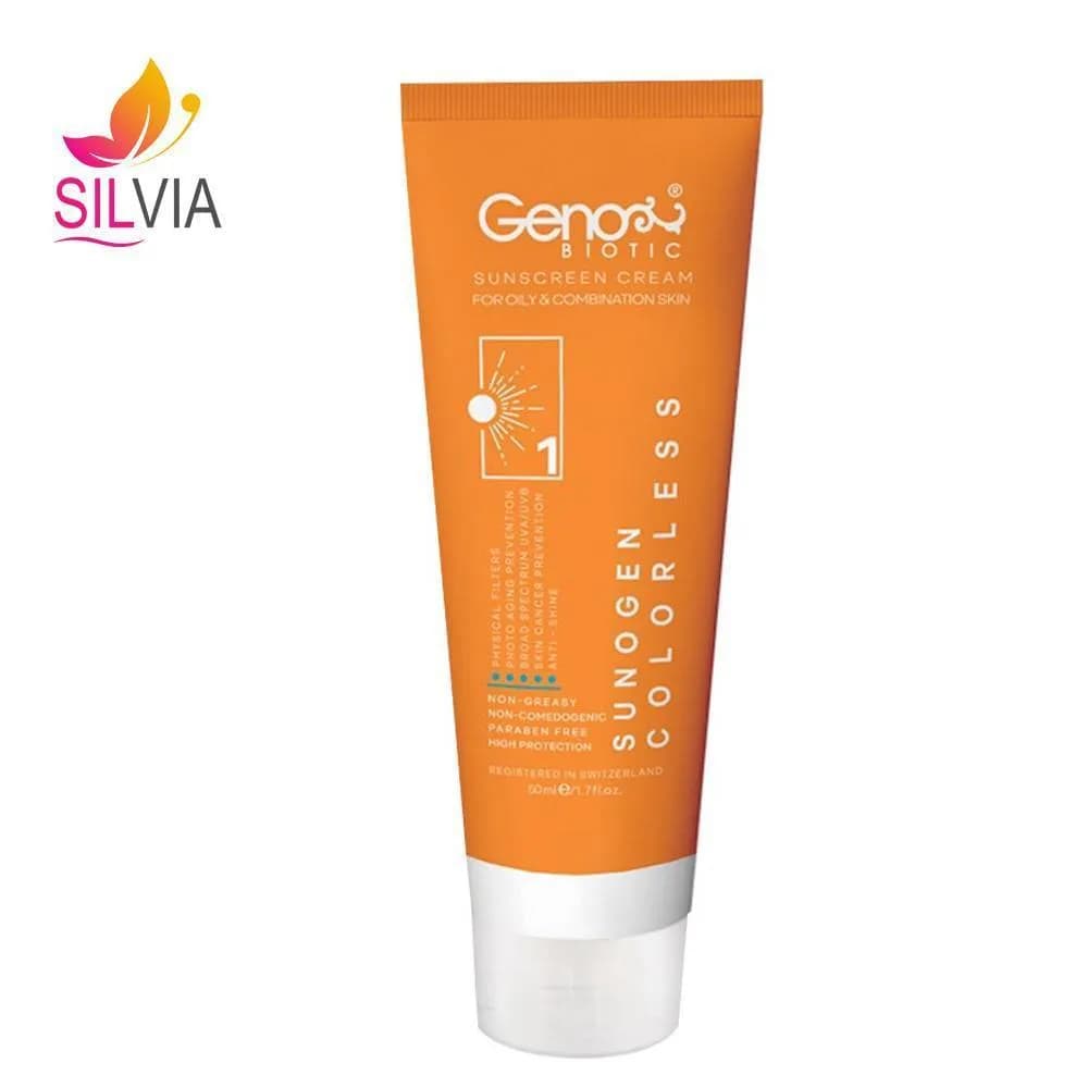 کرم ضد آفتاب پوست چرب و مختلط بی رنگ SPF50 ژنوبایوتیک 50 میل
