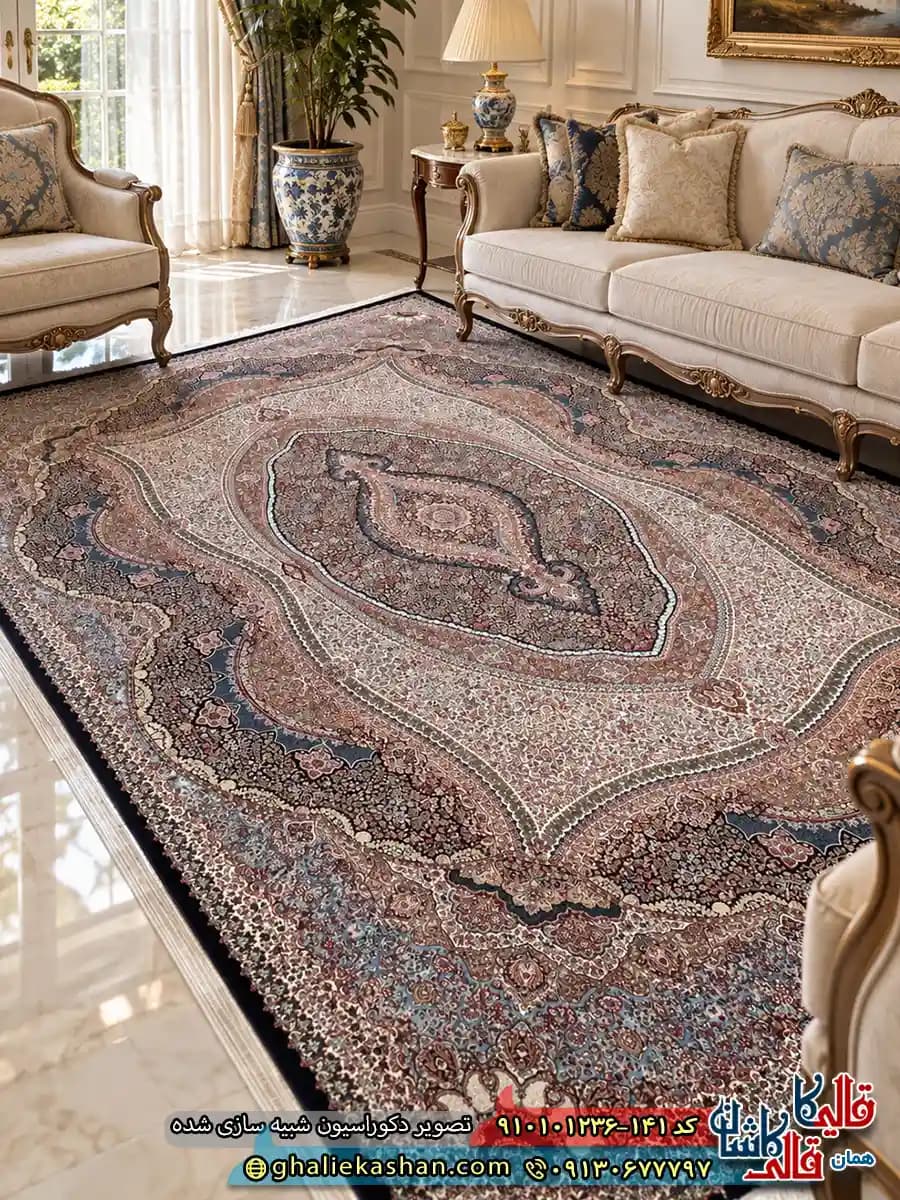 فرش کلاسیک 1200 شانه طرح آفرین کرمان رنگ سرمه ای کاشان