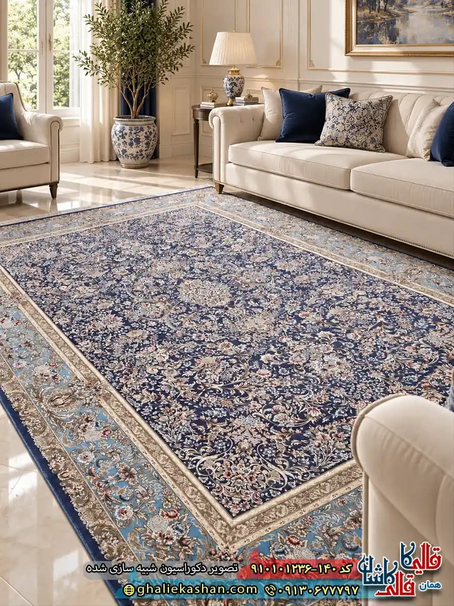 فرش ‌‌کلاسیک ‌‌1200 ‌‌شانه ‌‌طرح ‌‌افشان ‌‌آتیلا ‌‌رنگ ‌‌آبی کاربنی کاشان