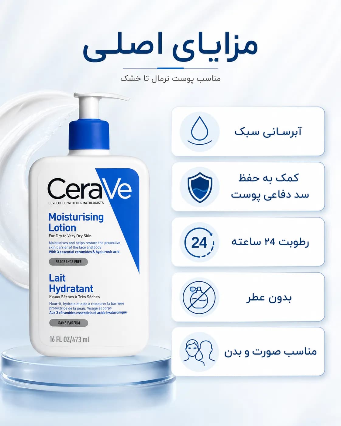 لوسیون مرطوبکننده سراوی برای پوست خشک تا خیلی خشک حجم ۴۷۳ میل | CeraVe Moisturising Lotion — تصویر ۴