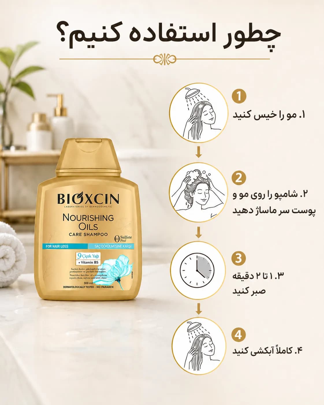 شامپو تغذیه‌کننده روغن‌های مغذی بیوکسین برای موهای خشک و آسیب‌دیده ۳۰۰ میل | Bioxcin Nourishing Oils Care Shampoo — تصویر ۷