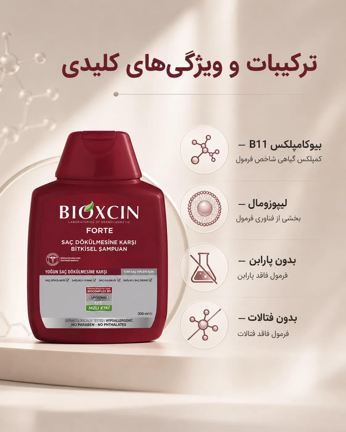 شامپو بیوکسین فورته برای ریزش شدید مو حجم ۳۰۰ میل | Bioxcin Forte Intensive Anti-Hair Loss Shampoo — تصویر ۷
