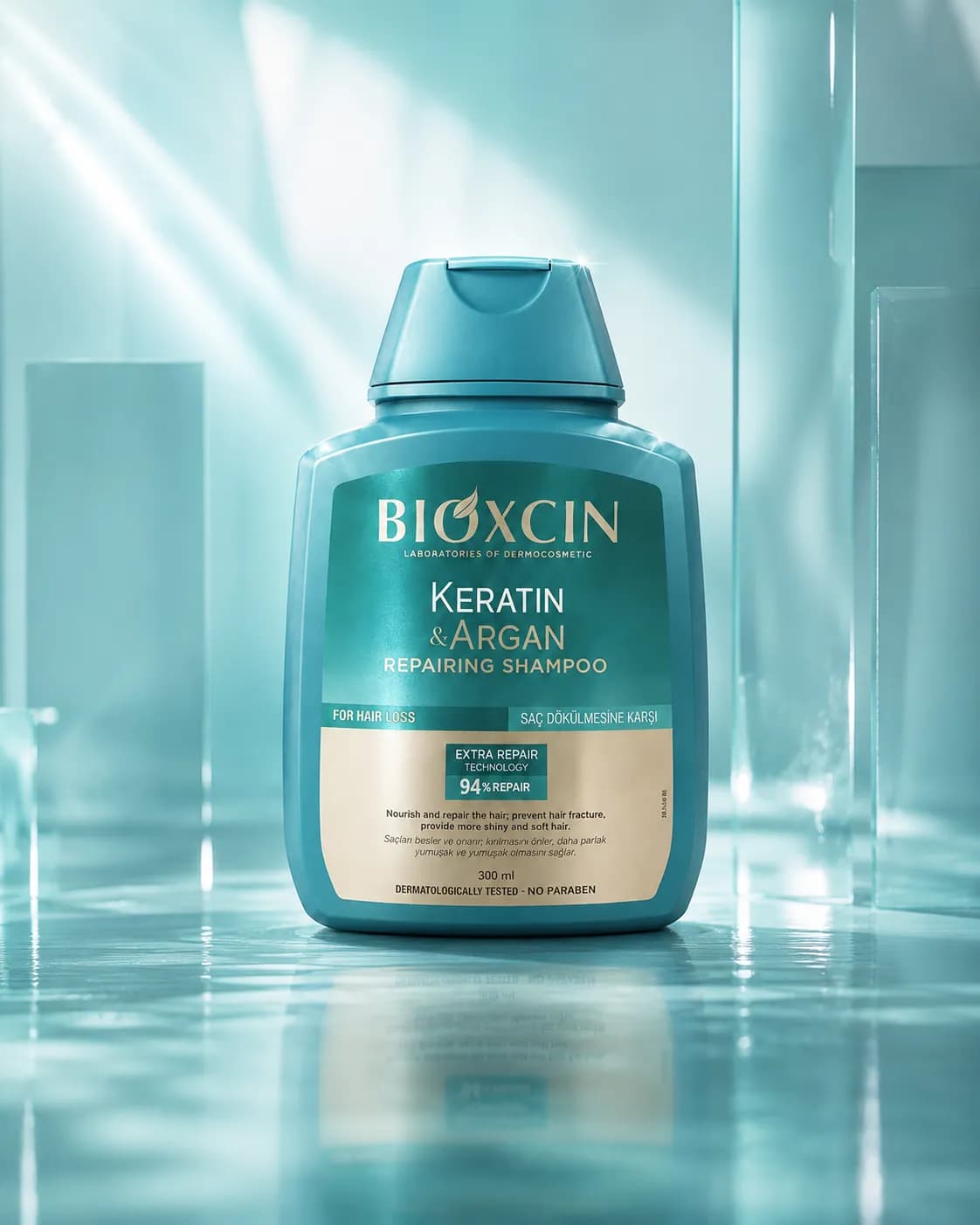 شامپو ترمیم‌کننده کراتین و آرگان بیوکسین برای موهای آسیب‌دیده حجم ۳۰۰ میل | Bioxcin Keratin & Argan Repairing Shampoo — تصویر ۴