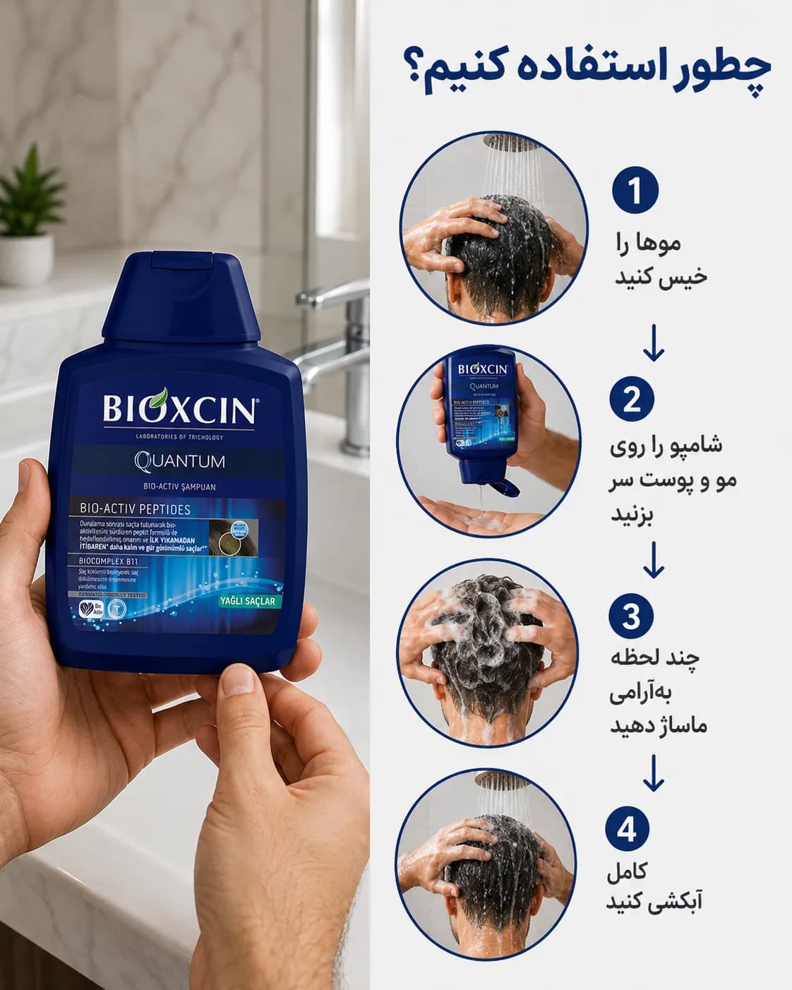 شامپو حجمدهنده و ضد ریزش بیوکسین کوانتوم مخصوص موهای چرب ۳۰۰ میل | Bioxcin Quantum Bio-Activ Shampoo — تصویر ۶