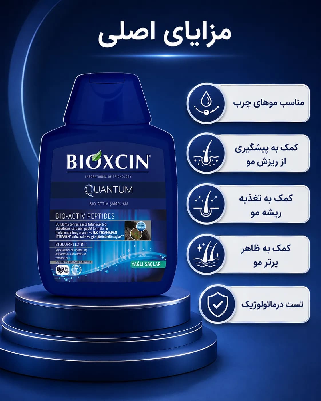شامپو حجمدهنده و ضد ریزش بیوکسین کوانتوم مخصوص موهای چرب ۳۰۰ میل | Bioxcin Quantum Bio-Activ Shampoo — تصویر ۴