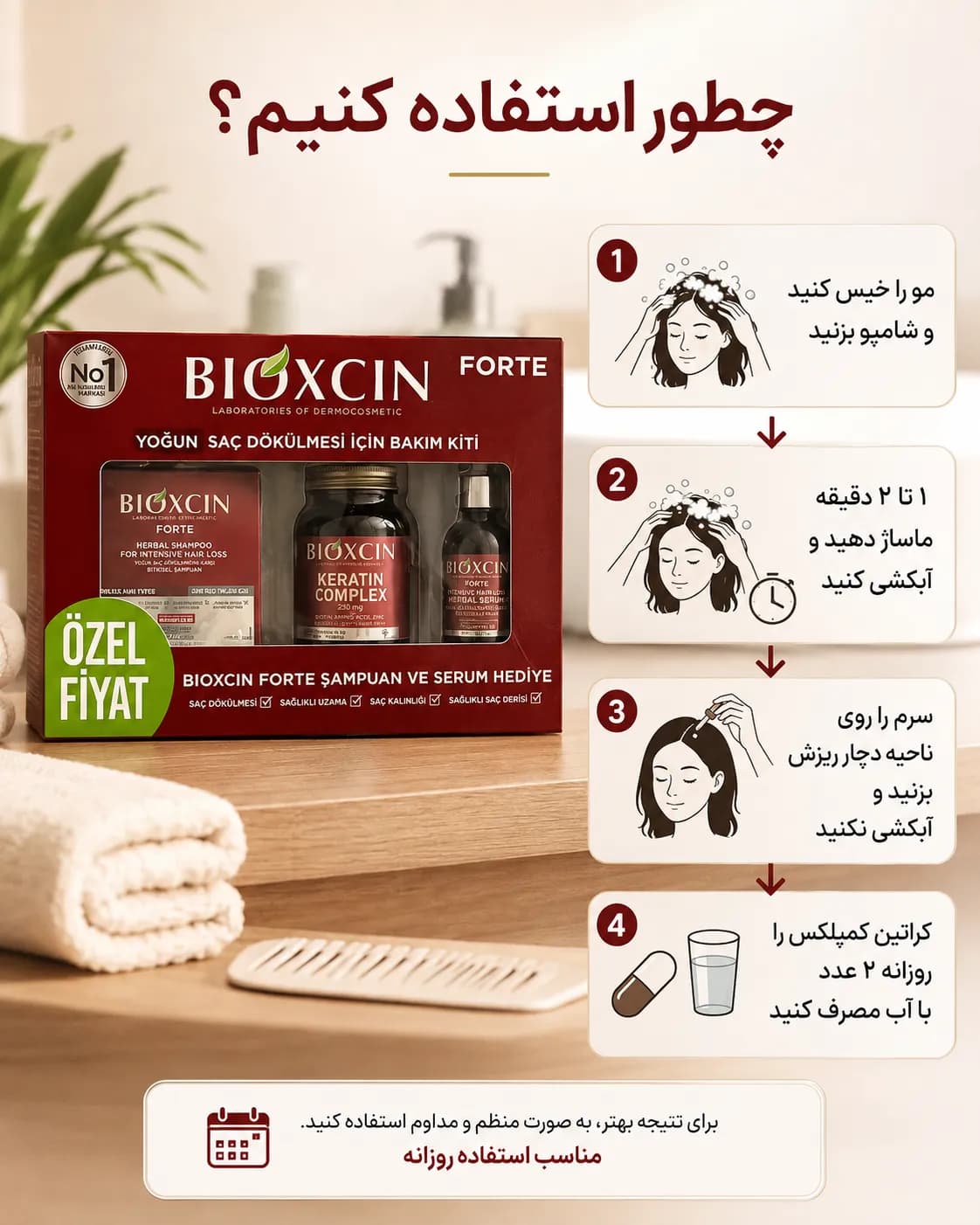 پک ضد ریزش شدید مو بیوکسین فورته شامل شامپو، سرم و قرص کراتین کمپلکس | Bioxcin Forte Intensive Hair Loss Care Kit — تصویر ۷