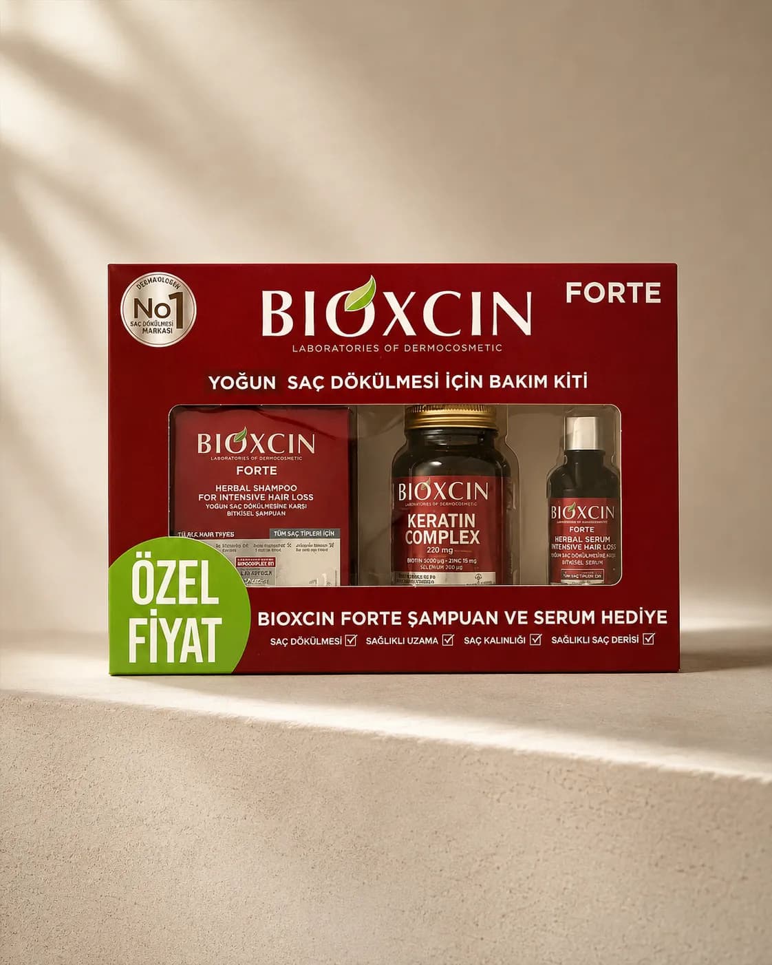 پک ضد ریزش شدید مو بیوکسین فورته شامل شامپو، سرم و قرص کراتین کمپلکس | Bioxcin Forte Intensive Hair Loss Care Kit — تصویر ۲