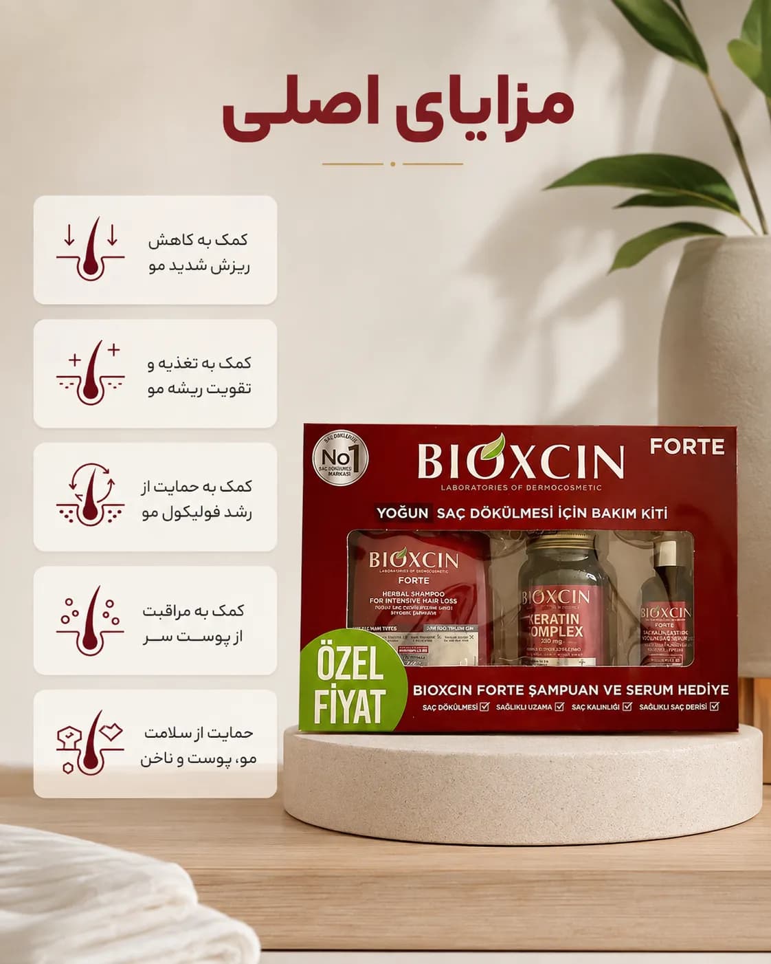 پک ضد ریزش شدید مو بیوکسین فورته شامل شامپو، سرم و قرص کراتین کمپلکس | Bioxcin Forte Intensive Hair Loss Care Kit — تصویر ۵