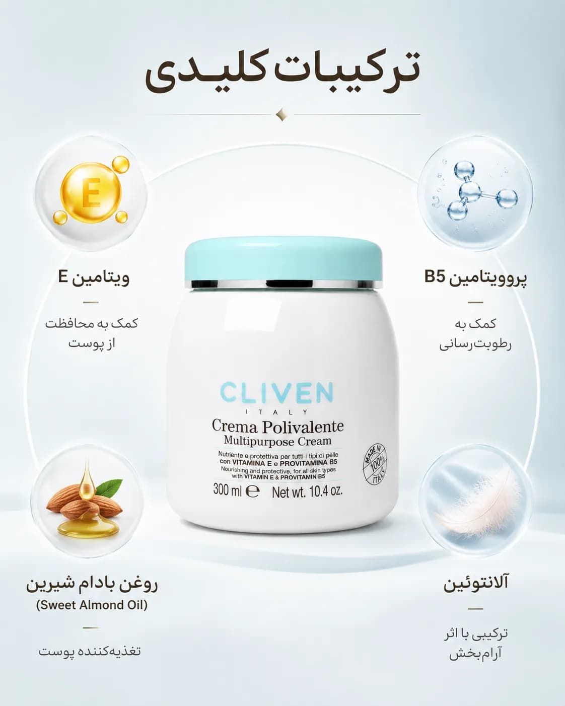 کرم مرطوب‌کننده چندمنظوره کلیون برای صورت، دست و بدن حجم ۳۰۰ میل | Cliven Multipurpose Cream — تصویر ۷