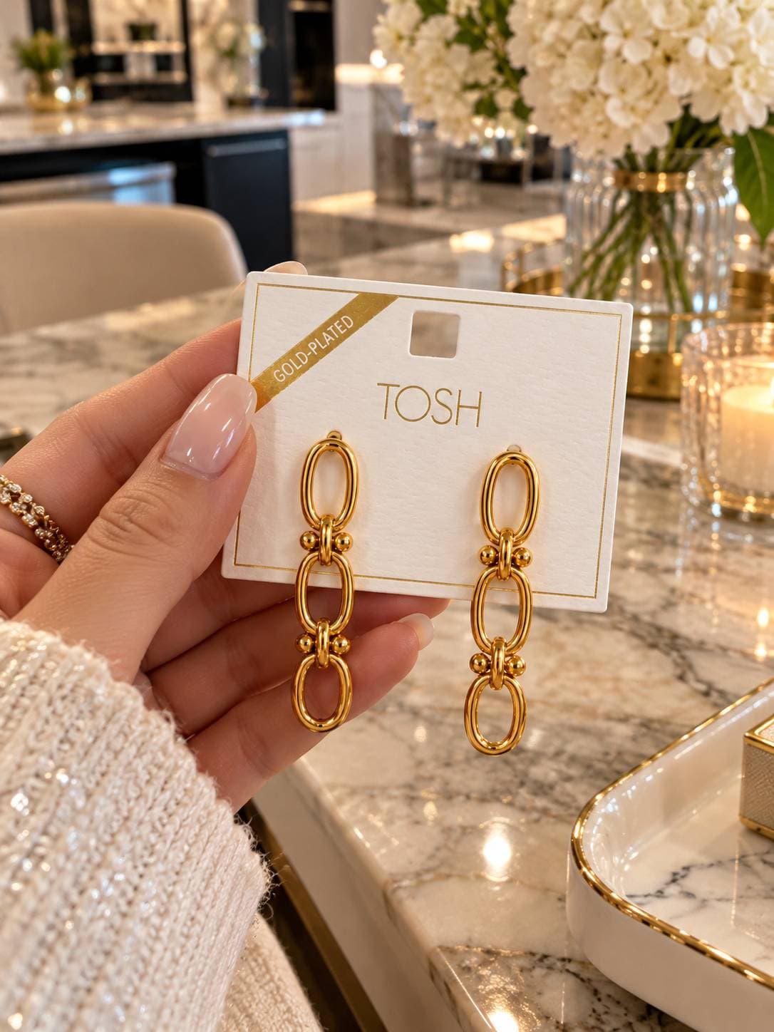 گوشواره آویز زنانه زنجیری سه حلقه طلایی با روکش طلا برند TOSH