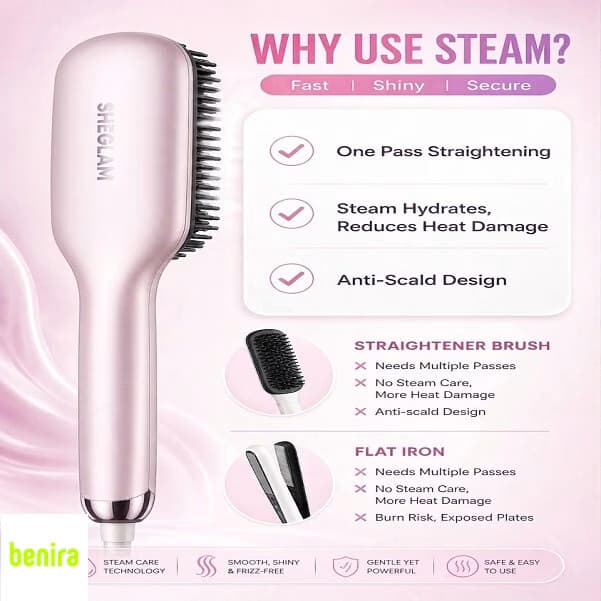 برس حرارتی بخاردار شیگلم مدل Hydra Shot Steam straightening brush Pro وزن 775 گرم با مخزن بخار داخلی و سیستم یونساز — تصویر ۵