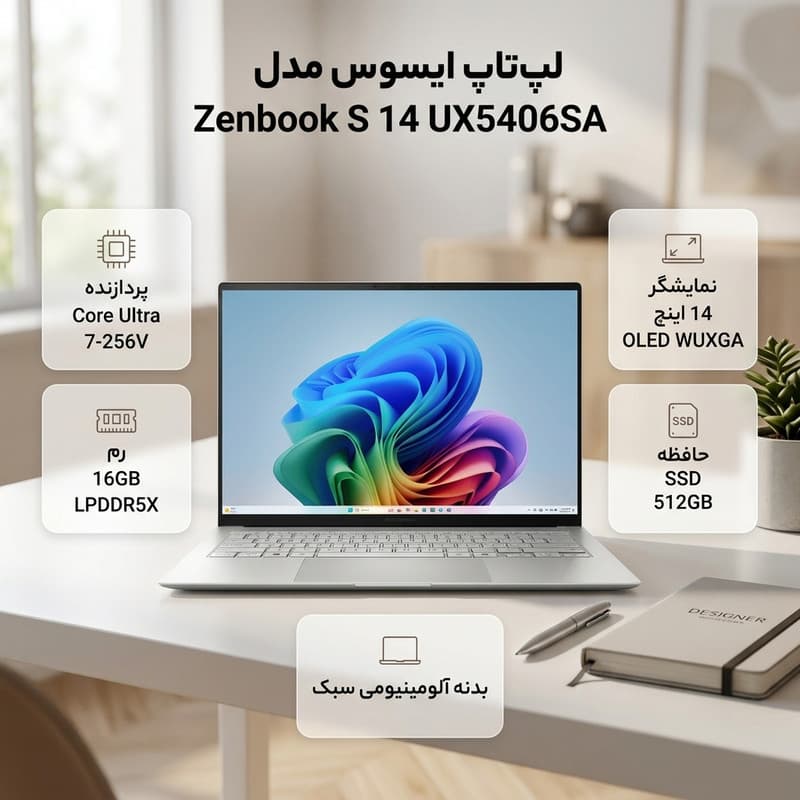 لپ تاپ 14 اینچی ایسوس مدل Zenbook S 14 UX5406SA-Core Ultra 7 256V-16GB LPDDR5X-1TB SSD-OLED WUXGA-Backlit-W - کاستوم شده — تصویر ۲