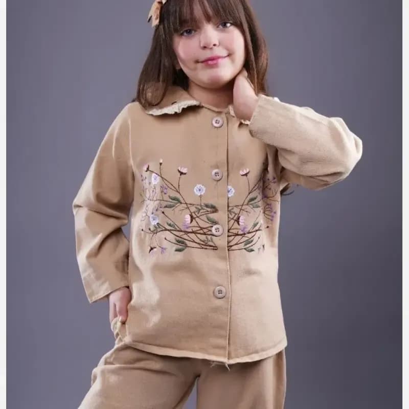 بلوز شلوار دخترانه کتان گلدوزی شکوفه بهاری سایز 45 تا 60