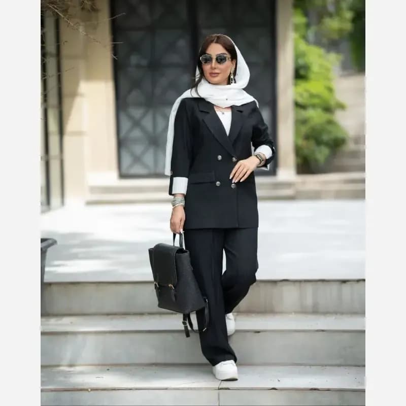 کت شلوار زنانه لینن شانتون ژاکارد مدل چوک سایز بزرگ — تصویر ۲