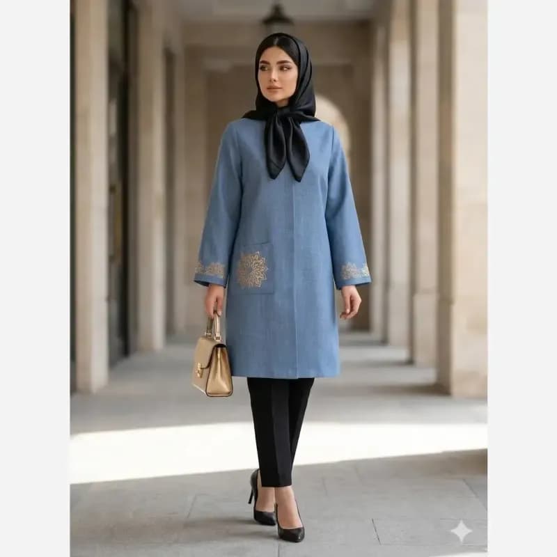 مانتو زنانه شانتون اسلپ گلدوزی شده مدل راز قد 91 سایز بزرگ تا 56 — تصویر ۵