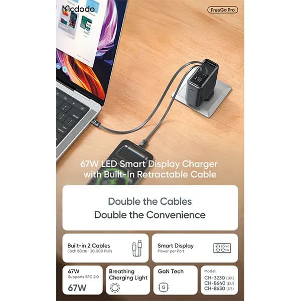 شارژر مک دودو مدل CH-8640 توان 67 وات GaN با 2 کابل تایپ سی جمع شونده — تصویر ۷
