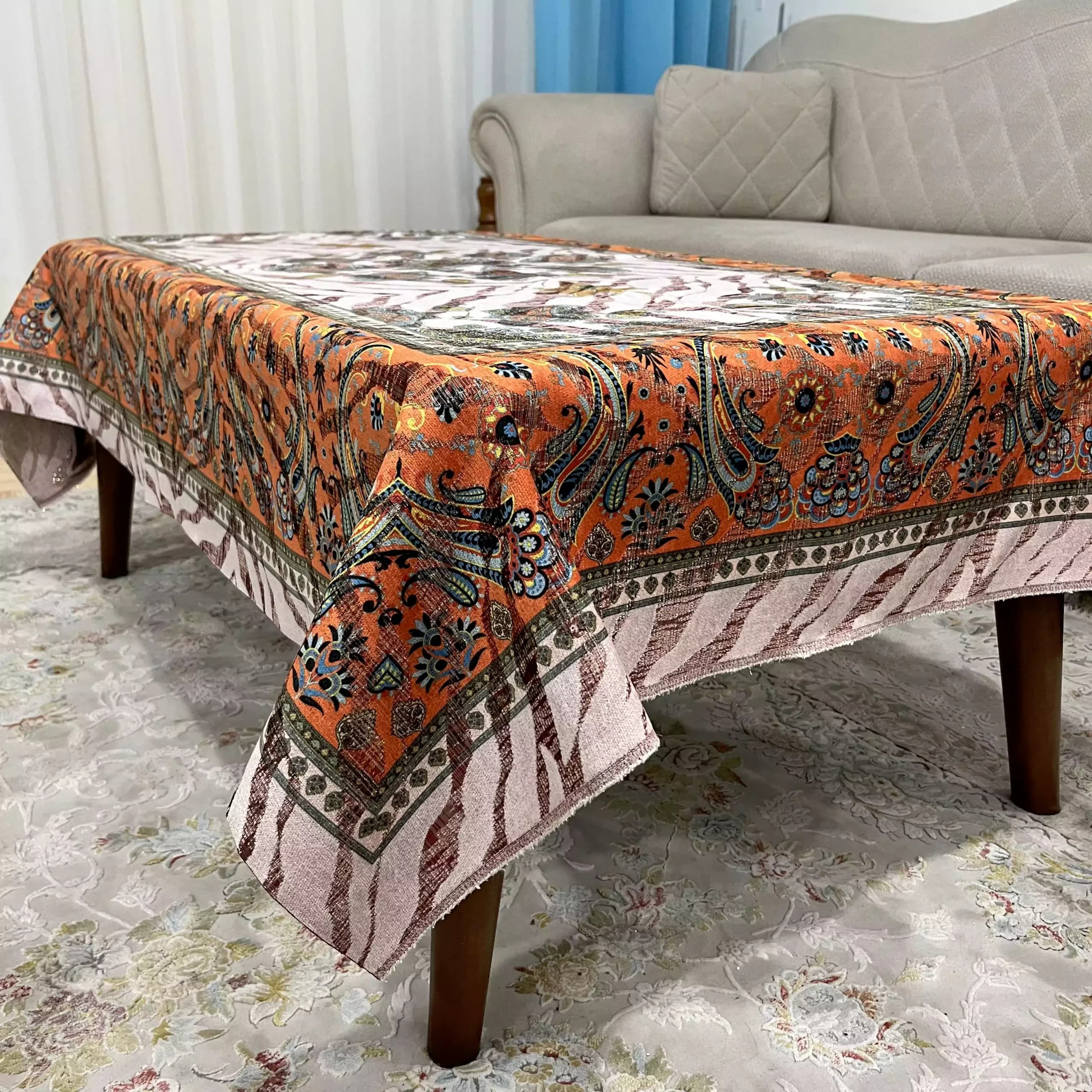 رومیزی شانل ساتن دورو پشت راه راه 100 در 140 سانت نارنجی زرشکی — تصویر ۲