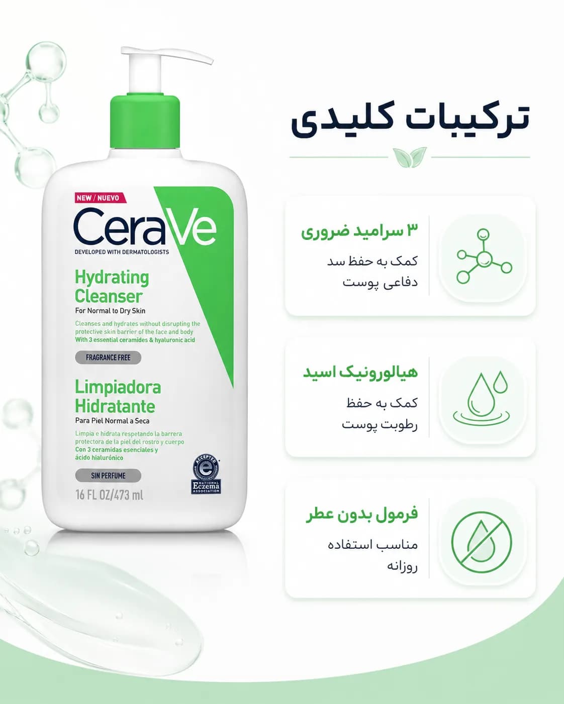 شوینده آبرسان سراوی برای پوست نرمال تا خشک حجم ۴۷۳ میل | CeraVe Hydrating Cleanser — تصویر ۸