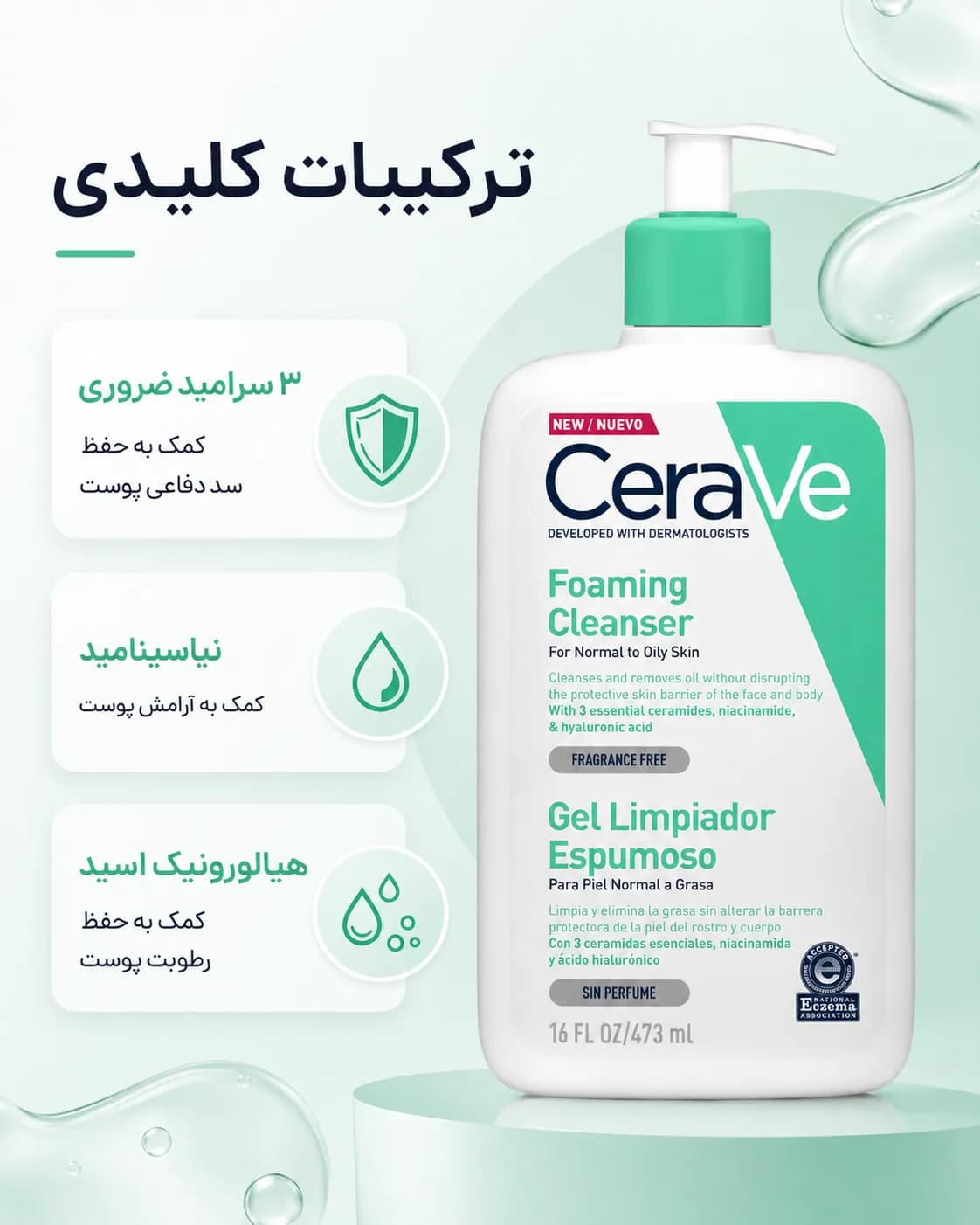 ژل شستشوی فومینگ سراوی برای پوست نرمال تا چرب حجم ۴۷۳ میل | CeraVe Foaming Cleanser — تصویر ۸