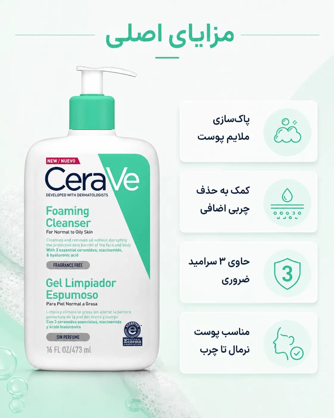 ژل شستشوی فومینگ سراوی برای پوست نرمال تا چرب حجم ۴۷۳ میل | CeraVe Foaming Cleanser — تصویر ۵