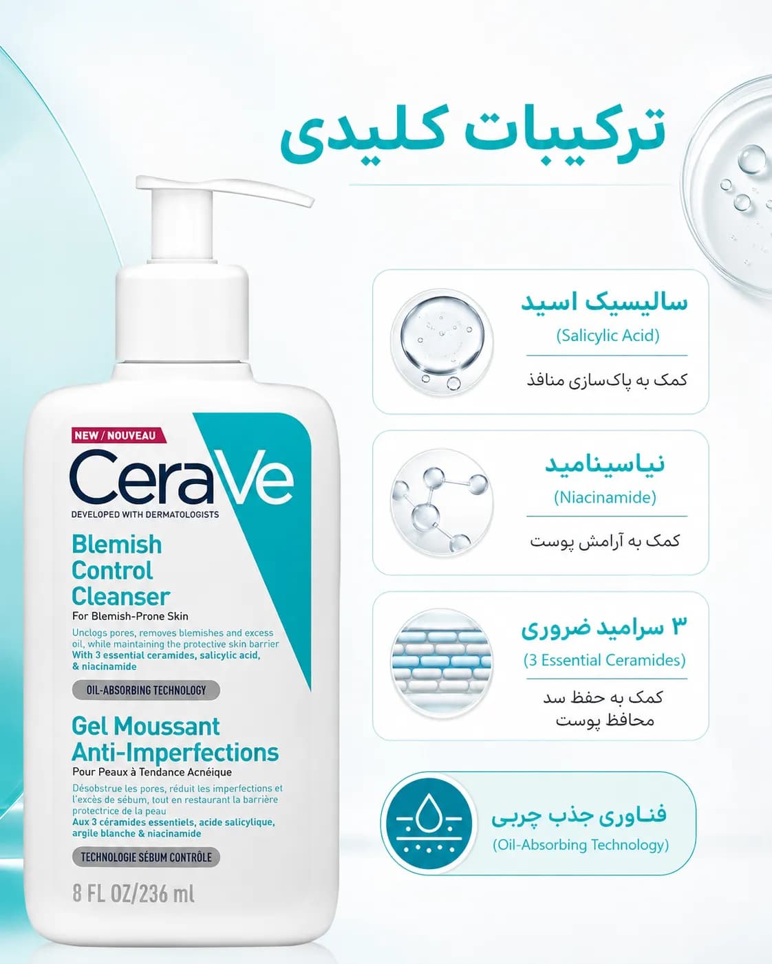 ژل شستشوی ضدجوش سراوی بلمیش حاوی ۲٪ سالیسیلیک اسید حجم ۲۳۶ میل | CeraVe Blemish Control Cleanser — تصویر ۸