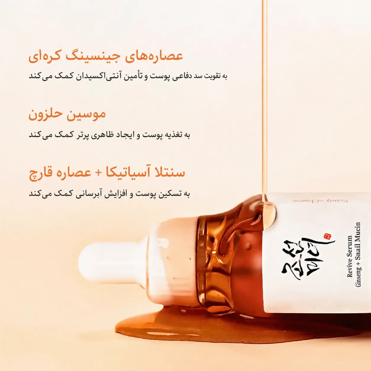 سرم ترمیمکننده و پلامپینگ جینسینگ و موسین حلزون بیوتی آف جوسان حجم ۳۰ میل | Beauty of Joseon Revive Serum Ginseng + Snail Mucin — تصویر ۲