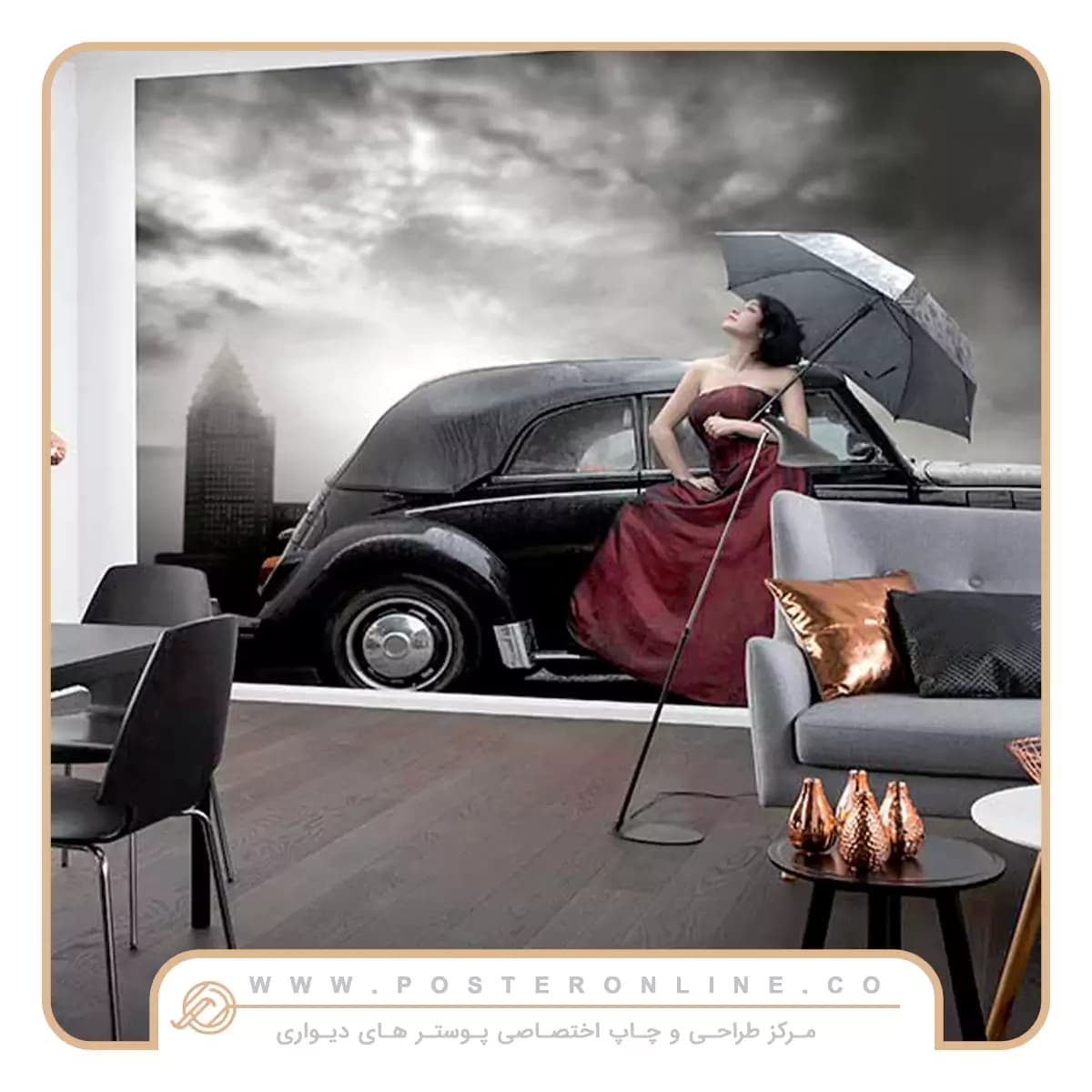 پوستر دیواری تصویر چهره زن و ماشین کلاسیک کد z-10549