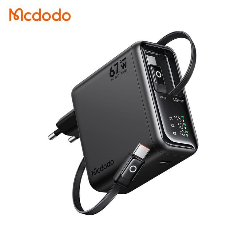 شارژر آداپتور دیواری 3 پورت 67 وات مک دودو MCDODO GaN CH-8640 با 2 کابل جمع شونده تایپ سی
