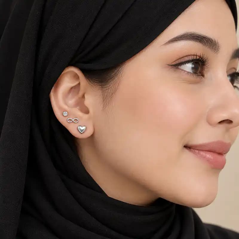 ست گوشواره نقرهای طرح قلب، بینهایت و نگین — تصویر ۲