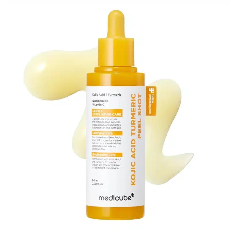 سرم لایه‌ بردار و روشن‌ کننده مدی کیوب Medicube حاوی کوجیک اسید و زردچوبه مدل Kojic Acid Turmeric Peel Shot (80 میل)
