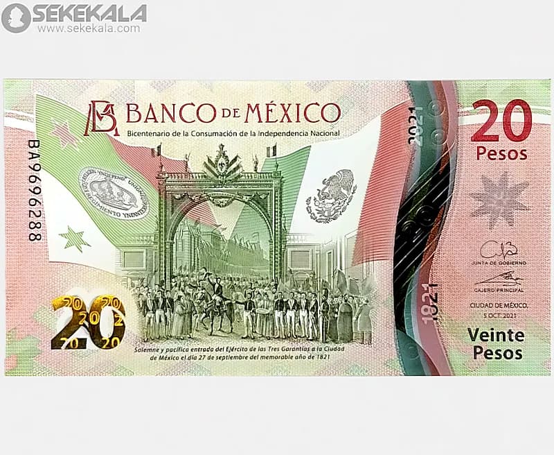 اسکناس 20 پزو پلیمری مکزیک 2021 (یادبود استقلال – جمهوری)