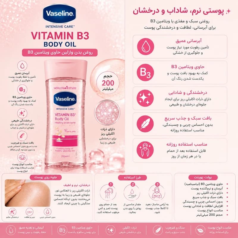 روغن بدن وازلین مدل Intensive Care Vitamin B3 مناسب انواع پوست حجم 200 میلی لیتر — تصویر ۳
