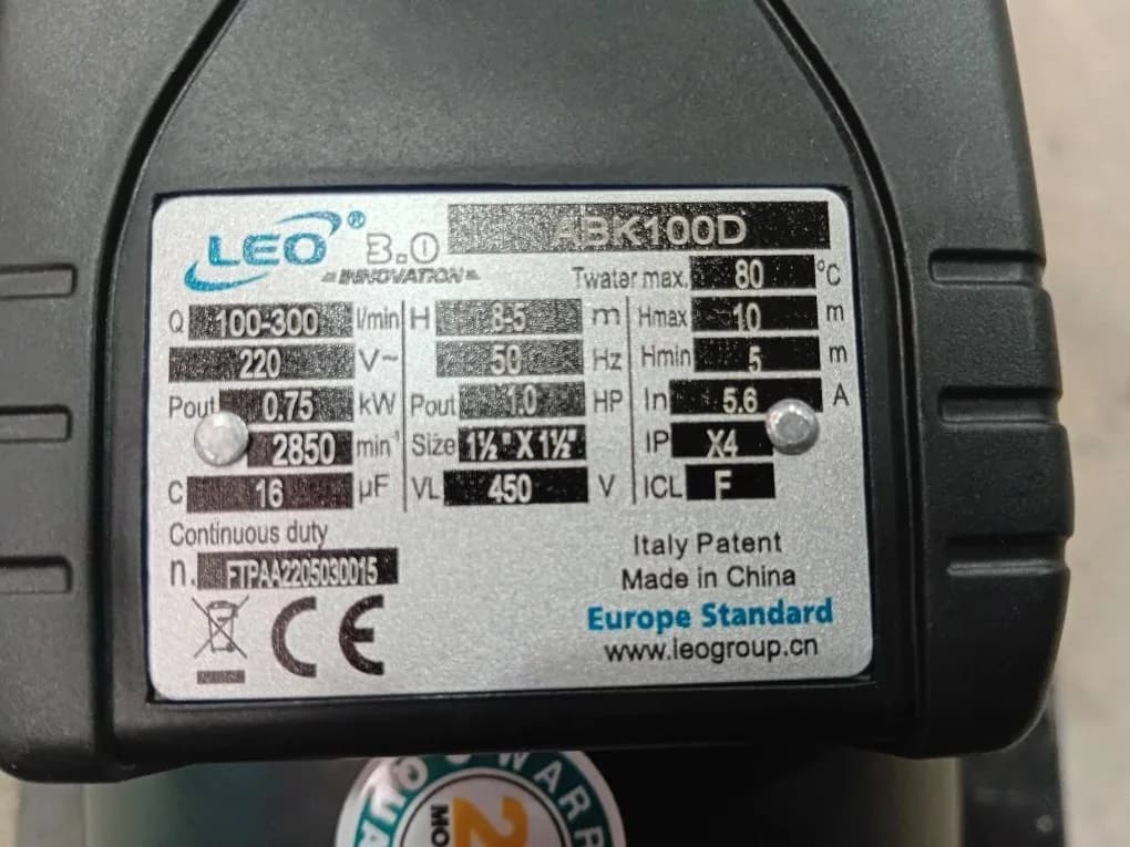 پمپ سانتریفیوژ استیل پروانه نیمه‌باز لئو LEO مدل ABK100D تک‌فاز 1 اسب — تصویر ۵