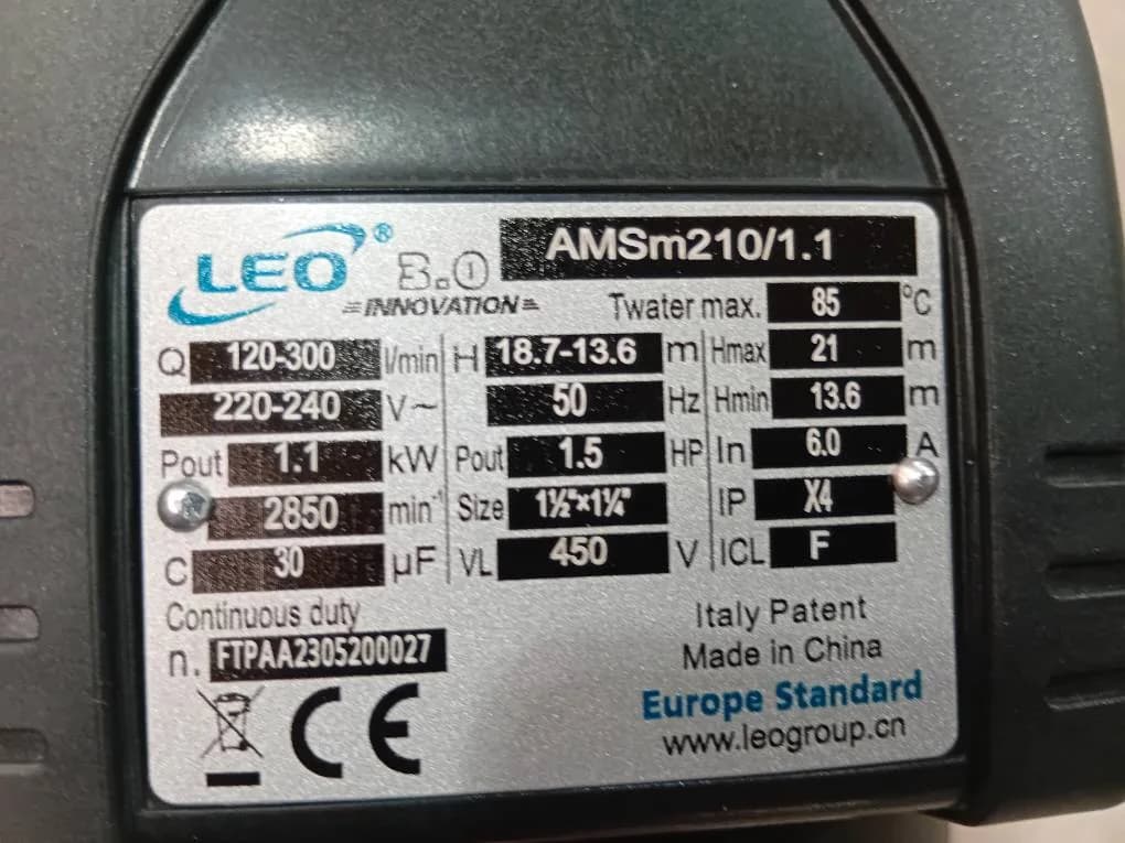 پمپ سانتریفیوژ استیل لئو LEO مدل AMSm210/1.1 تکفاز 1.5 اسب — تصویر ۵