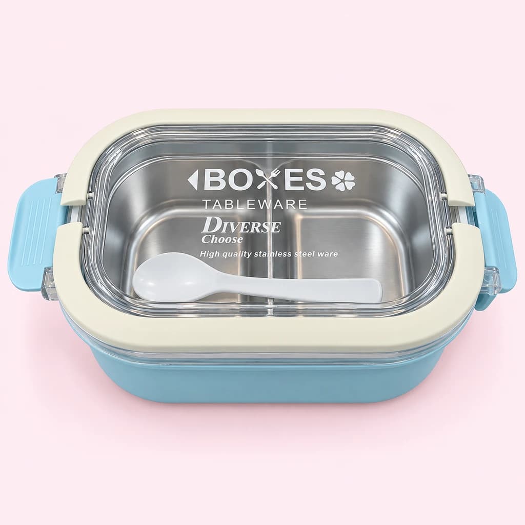 ظرف غذای استیل دو قسمتی قفل‌دار BOXES با درب شفاف و قاشق | ۳ رنگ — تصویر ۴